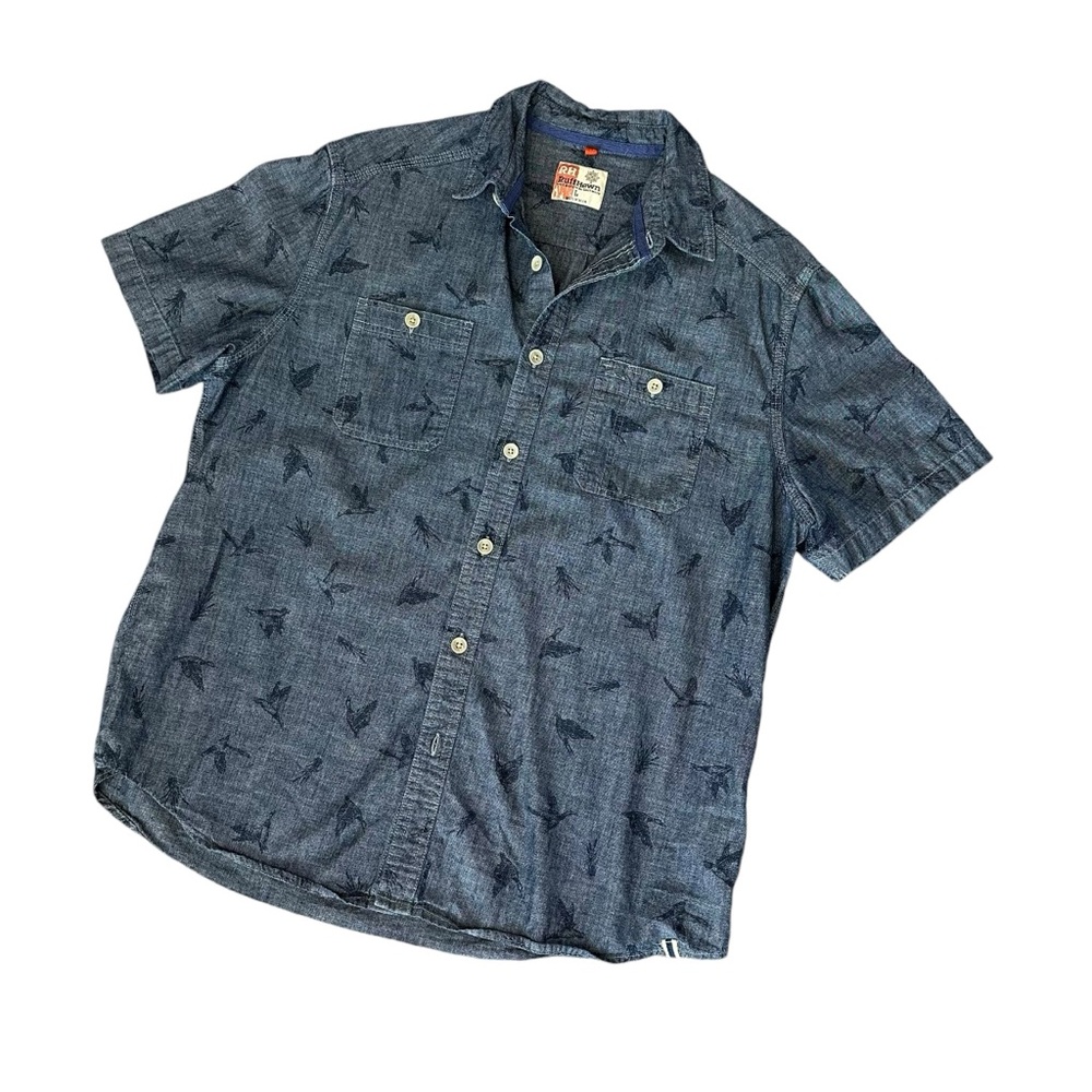 MENS RUFF HEWN DUCK PRINT CASUAL DENIM CHAMBRAY SHORT SLEEVE BUTTON UP SHIRT